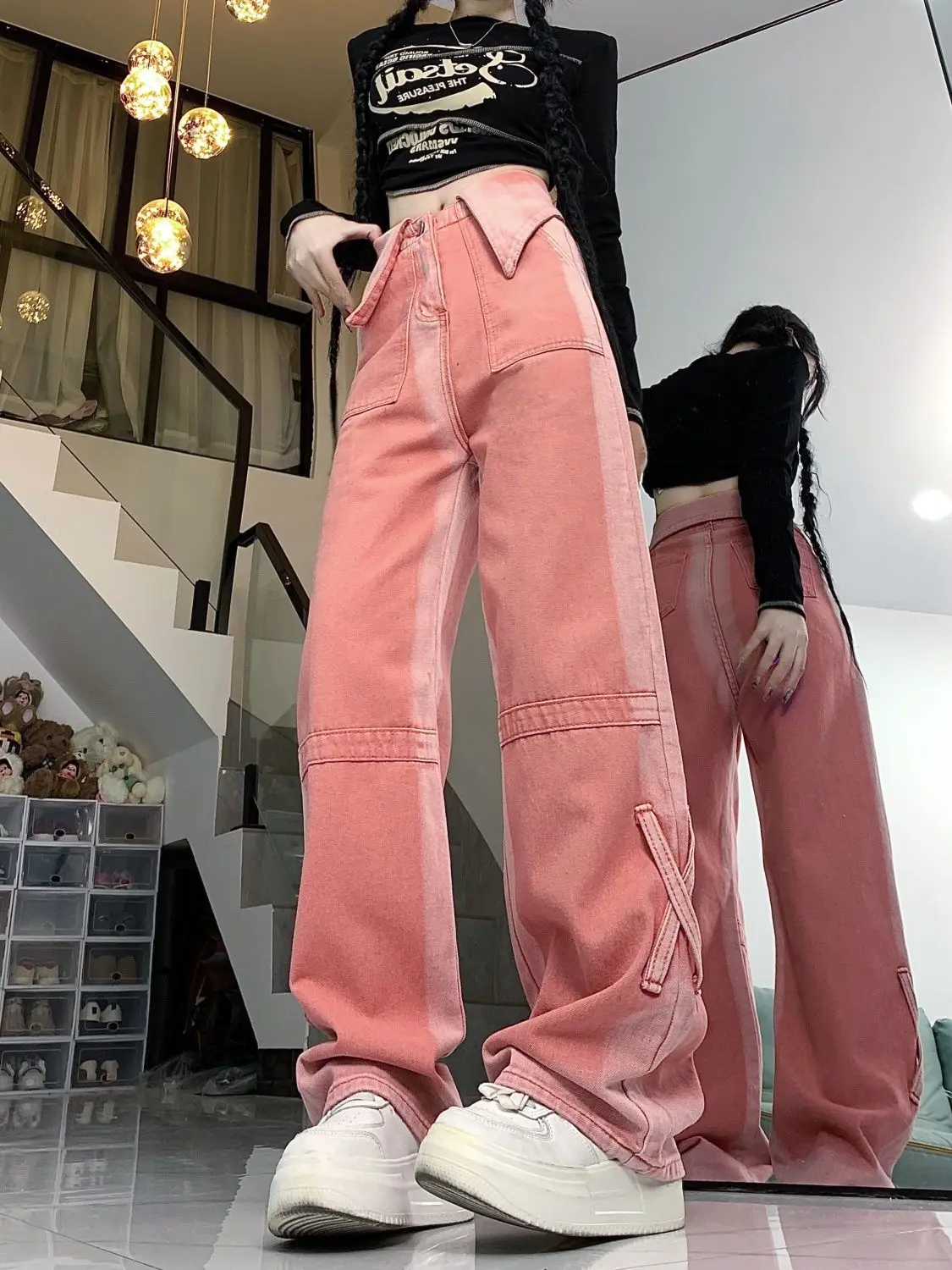 Jeans Flange Pink High Waist Baggy Harajuku Y2k Cowboy Pants Aesthetic Streetwear Women Vintage Wide Leg Straight Denim Trousers