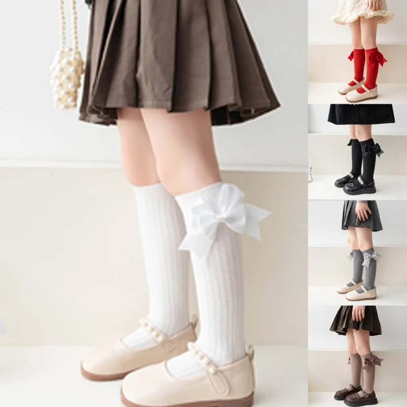 

Pairs Girls Knee High Socks with Big Ribbons Bow, Back to School Socks Cotton Socks Uniform Party Wear Long Socks