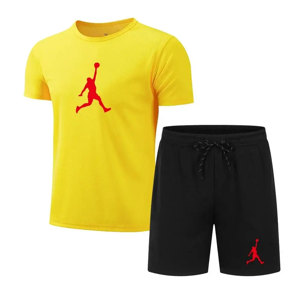 Summer Popular Men's Mesh T-shirt + Shorts Suit Sports Print Casual Fashion Short-sleeved Jogging S-3XL