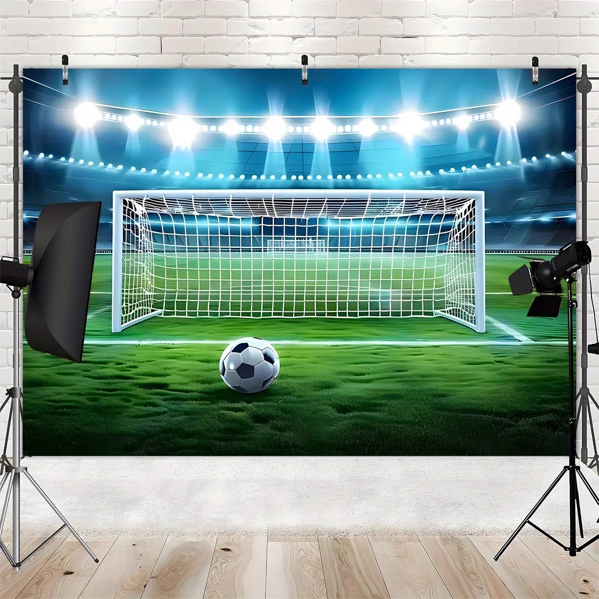 Football goalpost and ball background banner - a vibrant sports scene with white goalposts, green grass, and football - Image 6