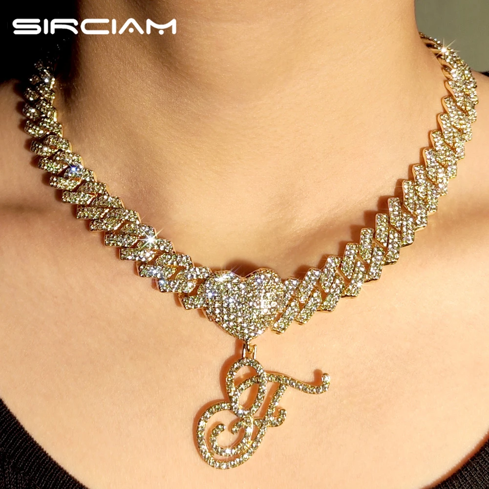 

Iced Out Cursive Initials Heart Pendant Necklace Men Women Punk 14MM Square Cuban Link Chain Choker Necklaces Trendy Jewelry New