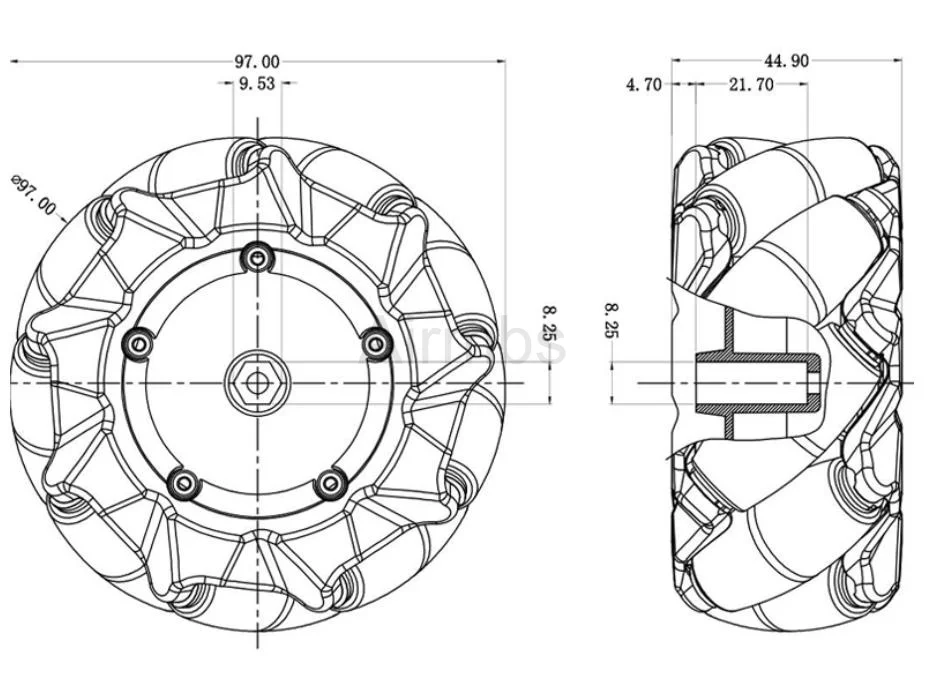 고품질 20KG 4WD 97MM 메카넘 휠 옴니 타이어 4/6mm 커플링 포함 ROS 로봇 카 섀시 DIY 장난감 부품