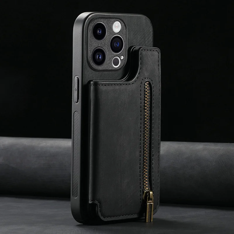 Retro Leather Zipper Wallet Phone Case with Multi Card and Cash Slots