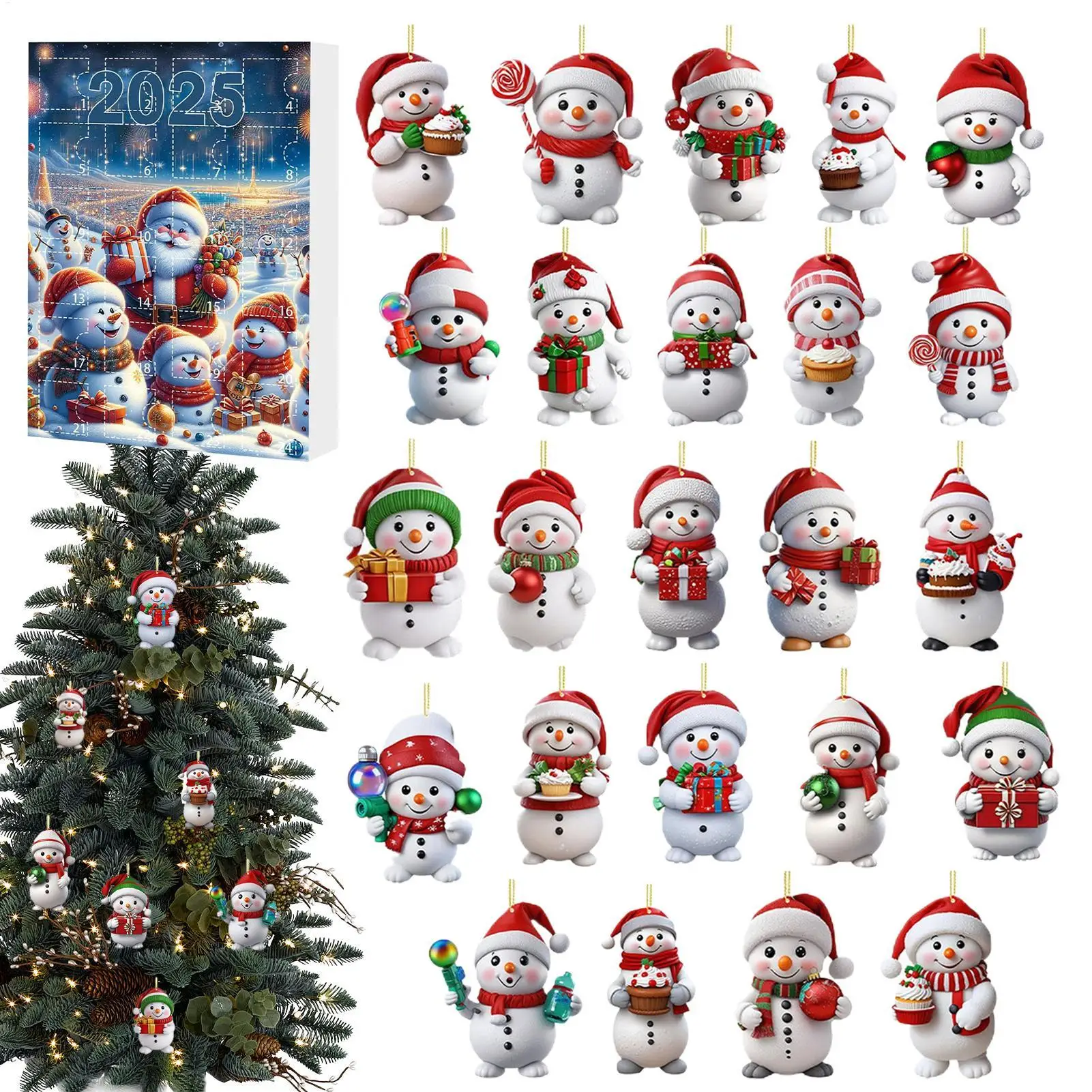 Christmas Countdown Ornaments 2D Acrylic Snowman Pendants Advent Decoration Christmas Countdown Hanging for Xmas Tree