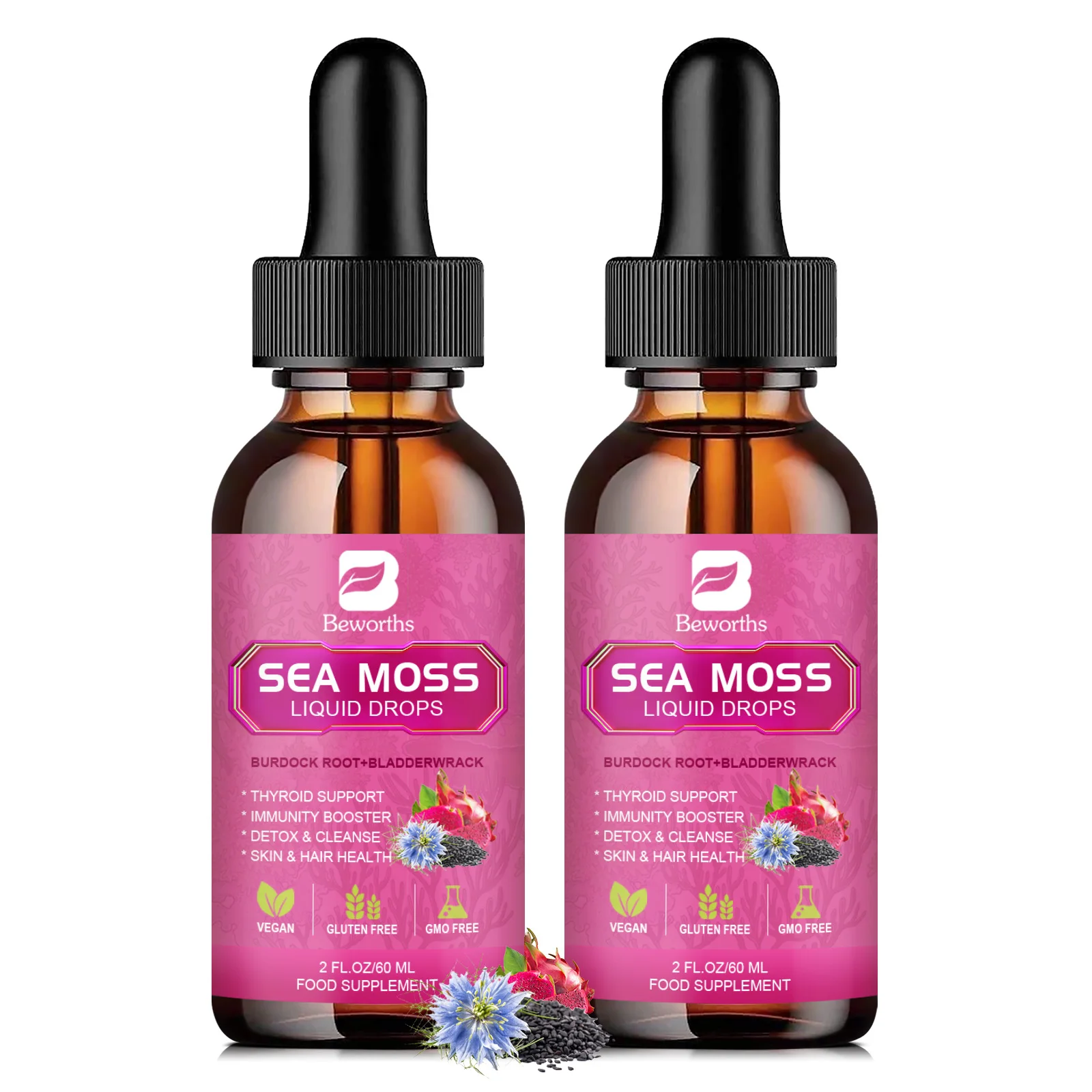 thumbnail image 1 of BEWORTHS 3000MG Gota líquida de musgo de mar Aceite de semilla negra orgánico y raíz de bardana para mejorar la inmunidad, el cabello, la piel y la digestión, 1 of 5