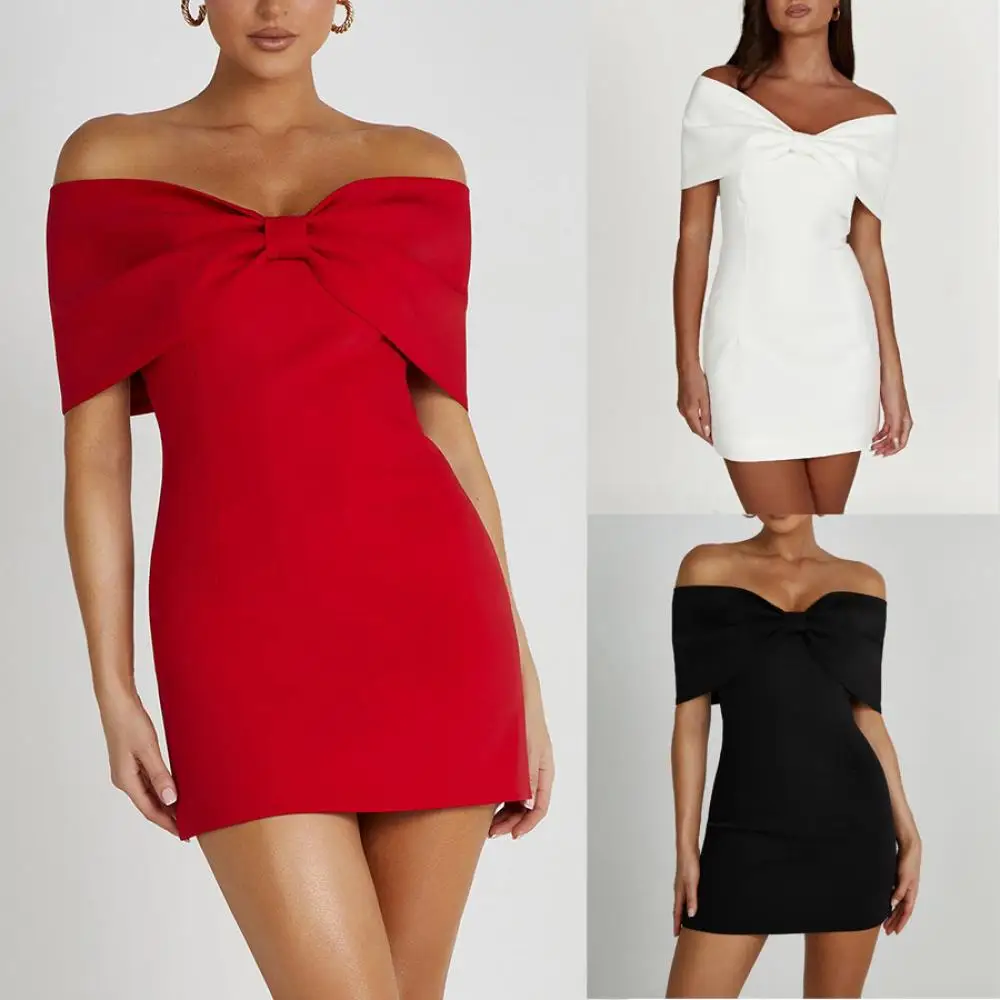 

Women Elegant Off Shoulder Bowknot Mini Dress Sexy Strapless Slim Fit Party Evening Dress 2024 New Female Clothing
