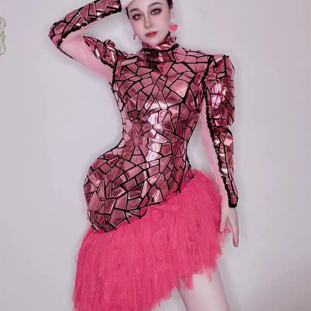 

Women Sexy Stage Shining Rose Pink Sequins Mirrors Dress Evening Party Wear Dress Singer Birthday Celebrate Dance Dress
