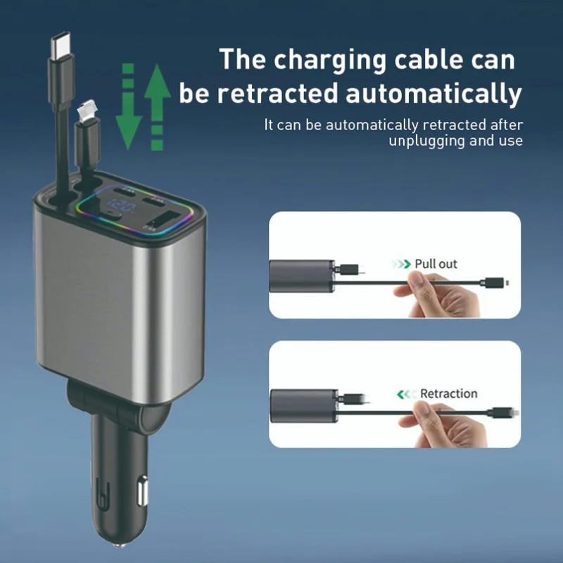 5 IN 1 Car Charger USB C Cable For IPhone Huawei Samsung With Ambient Lighting C
