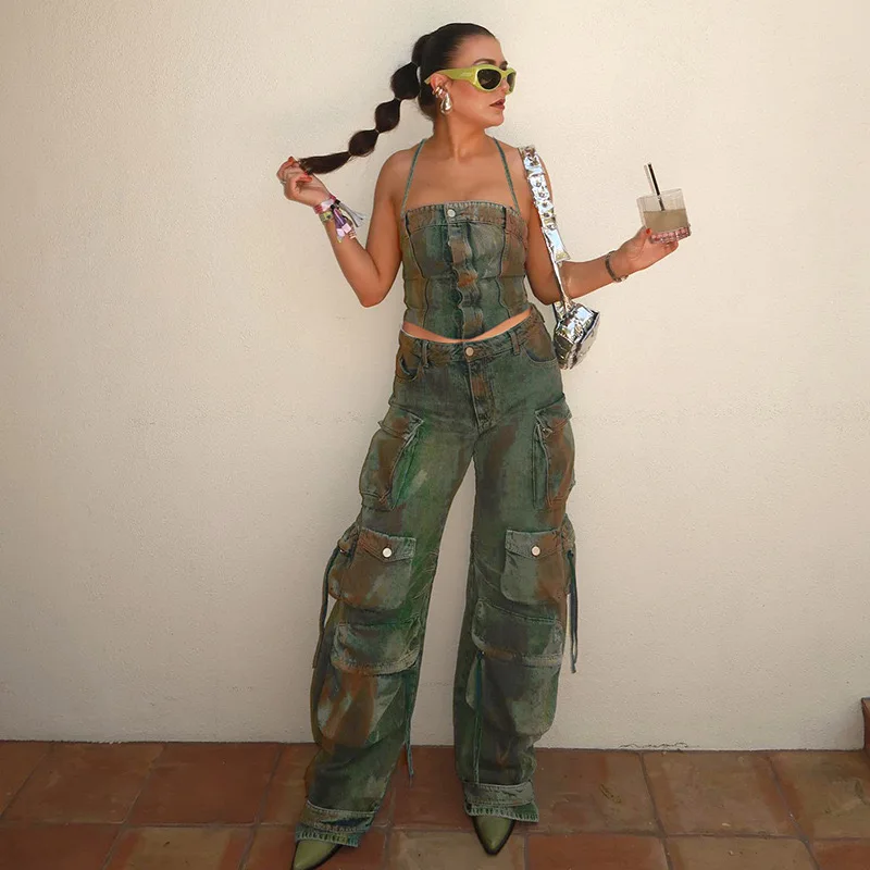 

Y2Y Women's tie-dye old three-dimensional splicing irregular large pockets high waist zipper slim denim suit.