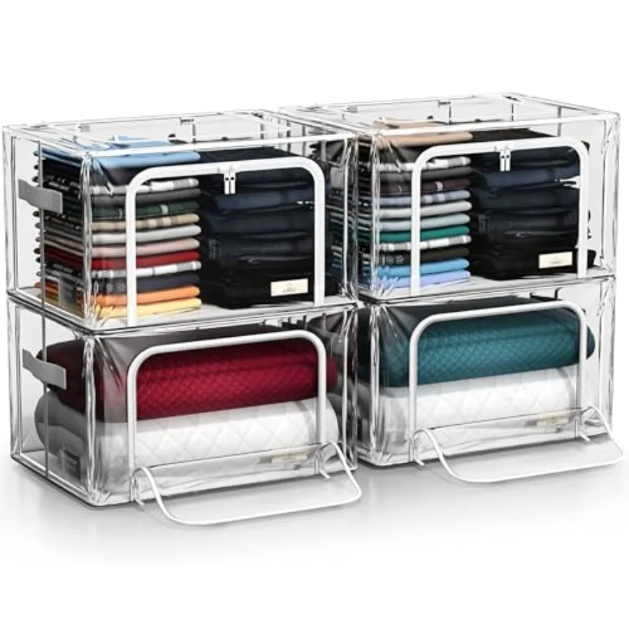 Storage Bins with Metal Frame - Stackable and Foldable Clothes Organizer Bags - Clear Soft Plastic Storage Containers