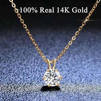 Women's Neck Chain 100% Real 14k Gold Moissanite Diamond Pendant Necklaces 1