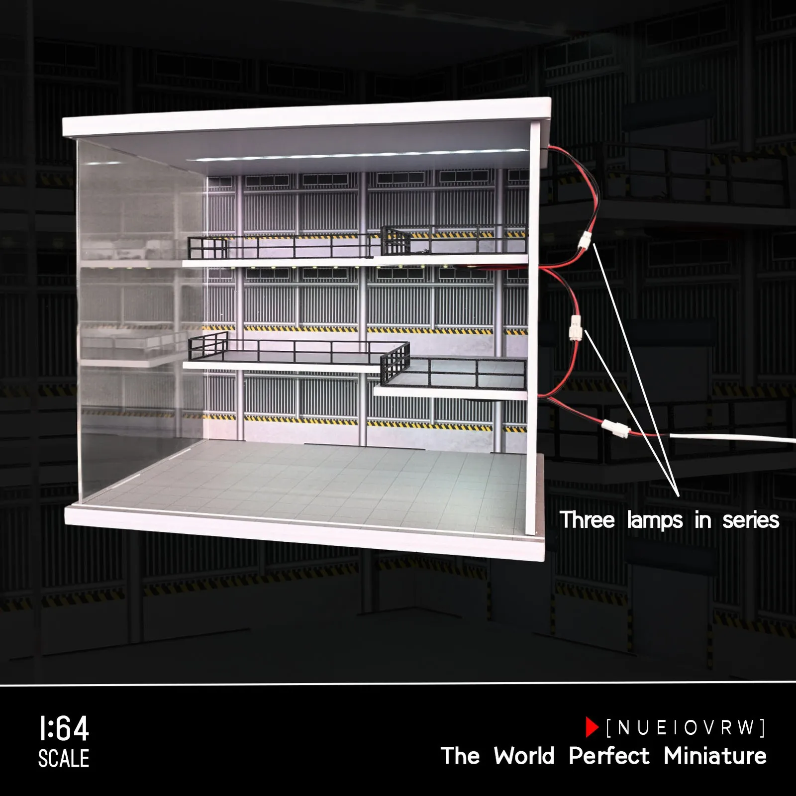 디오라마 1/64 차고 모형 LED 조명 모형 자동차 전시 3층 주차장 장면 쇼룸 전시 케이스 모형