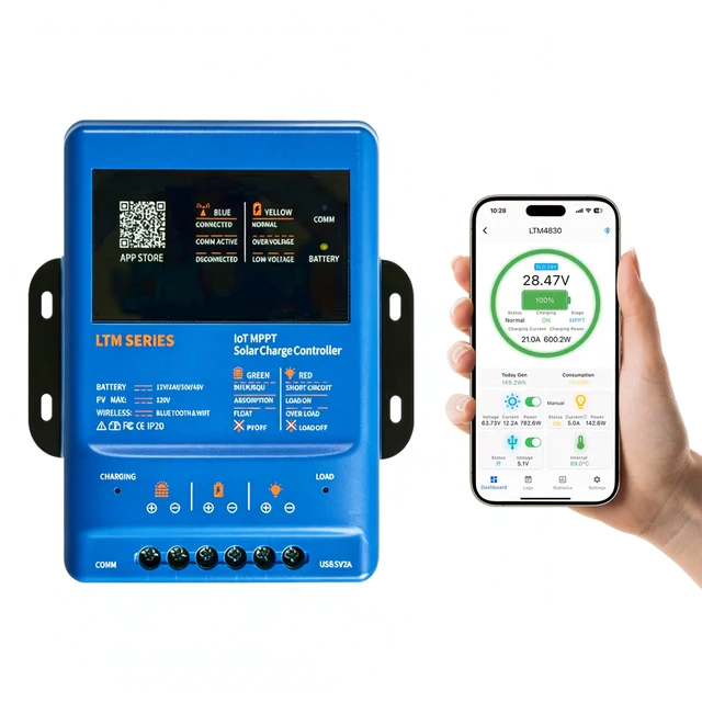 Contrôleur de charge solaire MPPT 30A 40A |   Télécommande APP (Bluetooth/WiFi) |   Adaptatif 12/24/36/48V |   120V PV |   Toutes les batteries compatibles 1