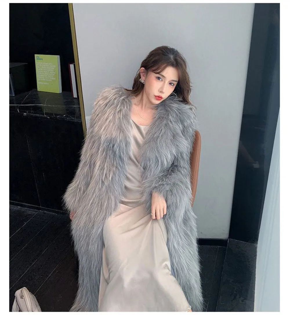 

Fashionable new style large lapel temperament style imitation fox fur raccoon fur woven fur coat women's long coat