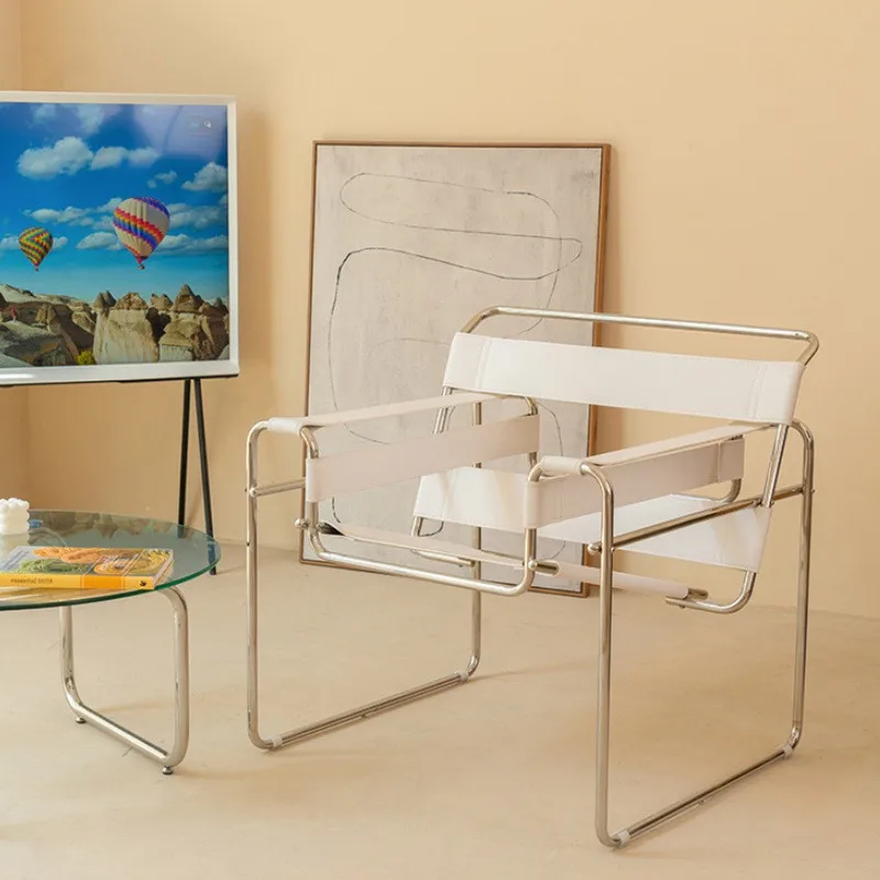 Sillín nórdico de cuero y acero inoxidable para ocio, sillón moderno y