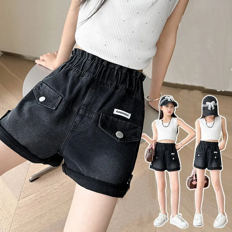 New Children Black Denim Shorts with Fake Pocket for Girls Summer Mini Jeans Kids Teenager Causal Rolled Shorts Age 5-14 Year