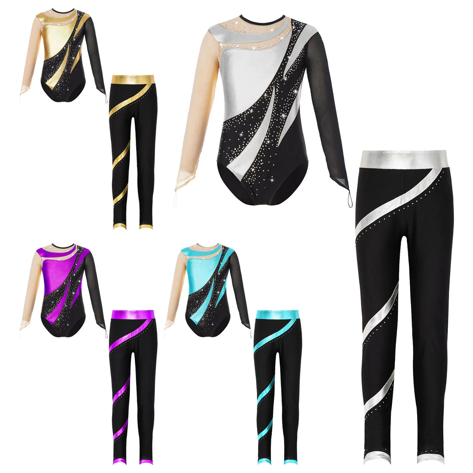 Kinder Mädchen Glänzende Strasssteine Ballett Tanz Outfits Ausschnitt Zurück Trikot mit Hosen Eiskunstlauf Gymnastik Performance Kostüm – Detail 3