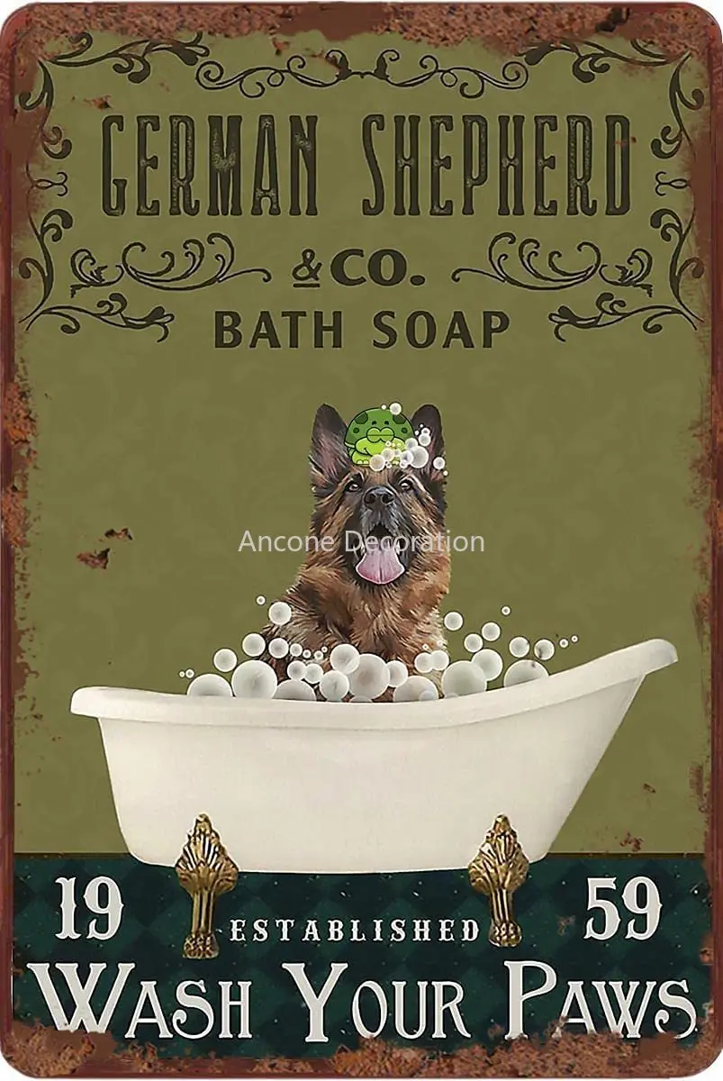 

German Shepherd Bathing Soaping Paws Retro Metal Tin Sign Dog Lover Life Interesting Bathroom Toilet Simple Home Decor