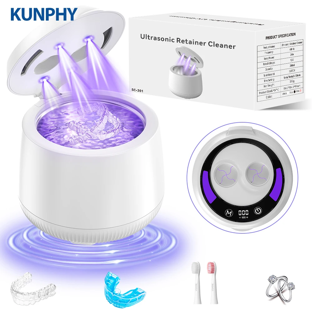 KUNPHY 48kHz Dental Ultrasonic Retainer Cleaner Machine 200ML Denture Cleaner With UV 4 Modes for Mouth Guard Oral Dental Care 1