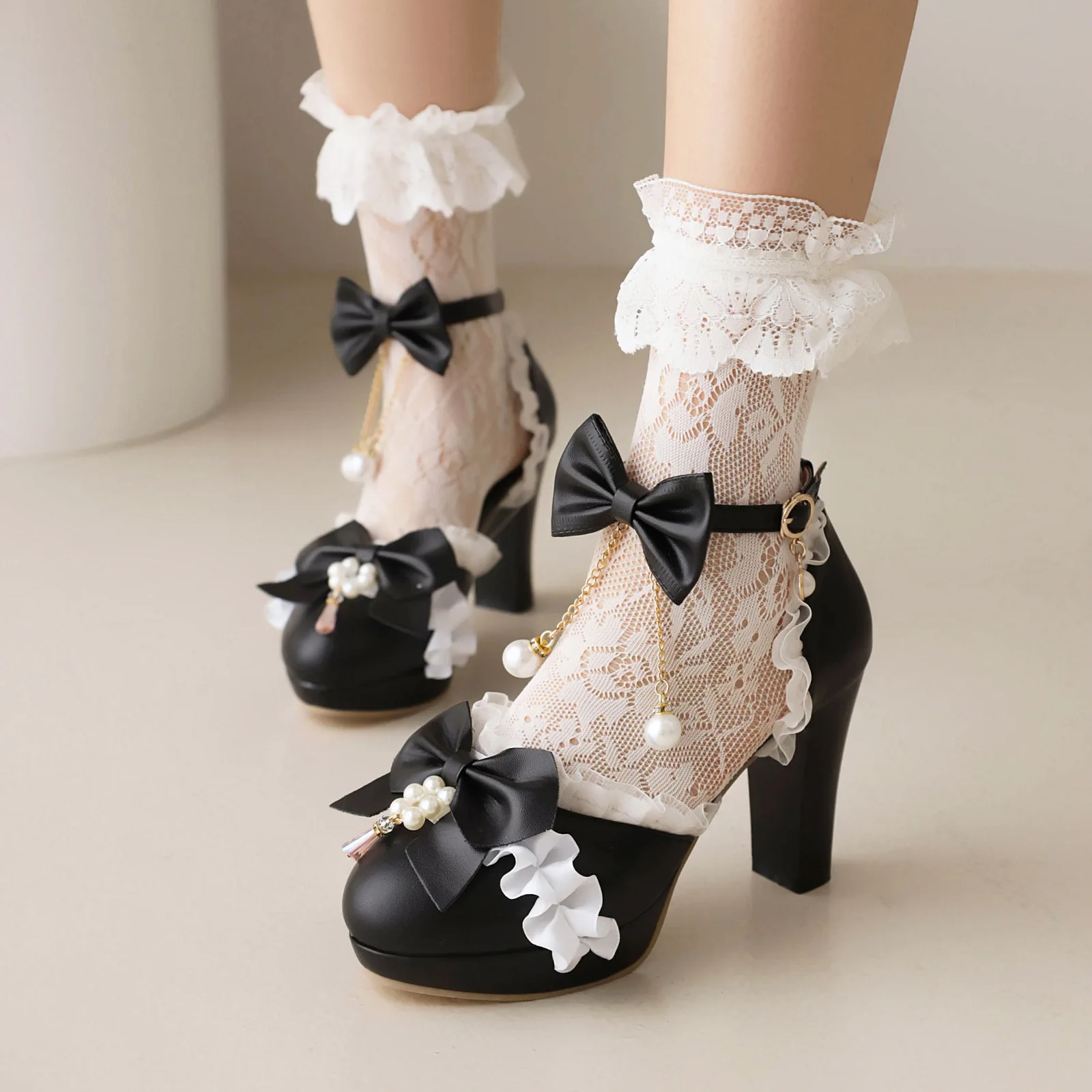 Girls High Heels Kids Princess Sandal Ladies Platform  Bow Lace Mary Jane Lolita Shoes Women Party High Heels  Women Pumps 30-43 2
