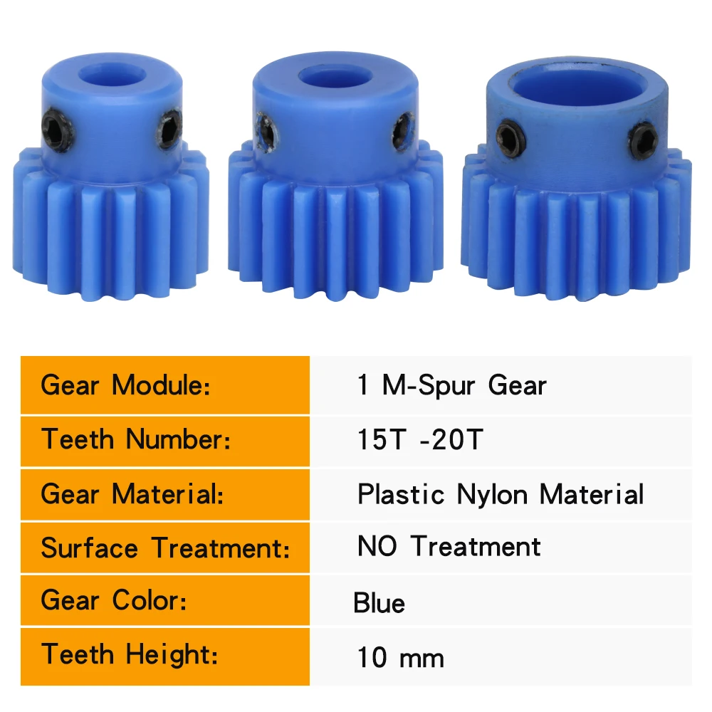 Nylon Gear 1M-15T/16T/17T/18T/19T/20T Teeth Pitch 3.14 mm Blue Spur Gear Teeth Height 10 mm Total Height 18mm Bore 4/5/6/6.35mm