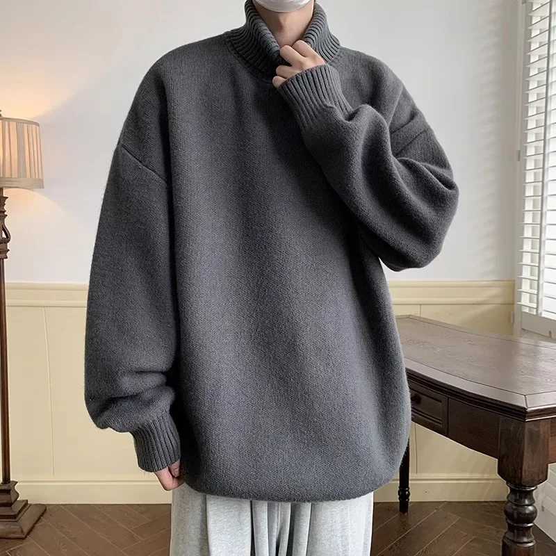 Autumn Winter Loose Casual Turtleneck Sweater Men Fashion Knitted Pullovers Men Solid Color Warm Harajuku Knitting Sweaters Man 5