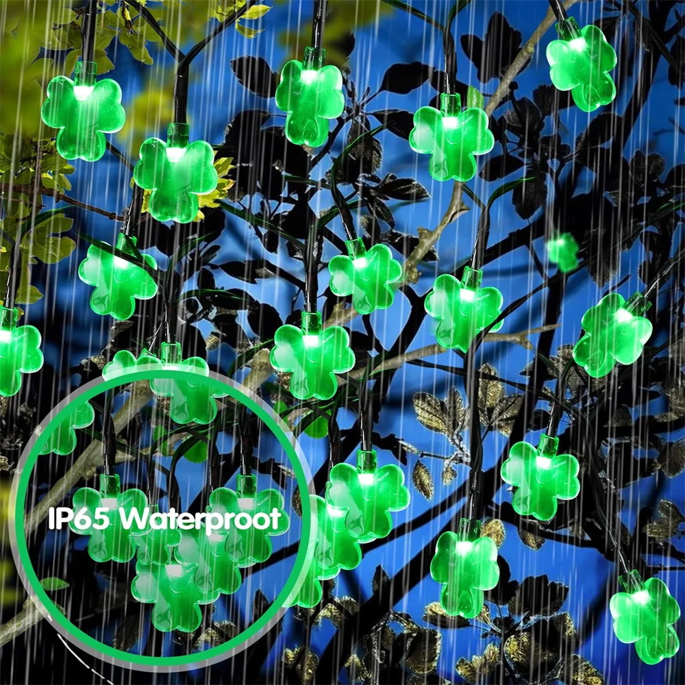 Solar St Patricks Day Decorations Shamrock String Lights Lucky Clover Green Lights Outdoor Waterproof 8 Mode Light 066 5