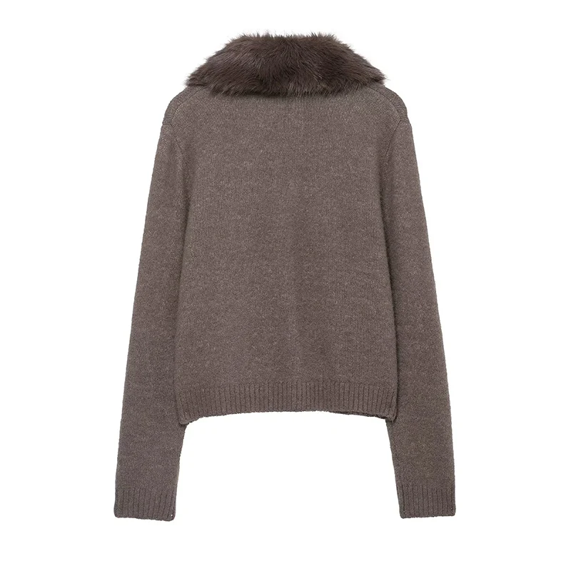Vintage Casual Chic Women Cardigan Long Sleeve Faux Fur Lapel Knitting Cardigans Fashion 2025 Autumn Winter Elegant Sweater Coat