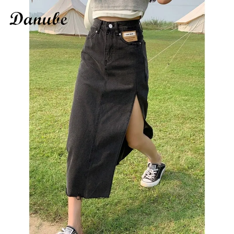 

Summer Irregular Side-slit Long Denim Skirts Women Casual Solid High Waist A-line Jeans Skirt Vintage Straight Midi Skirt Female