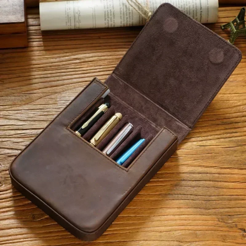 Leather Pen Box Handmade Magnetic Drawer Style Pen Storage Bag Pencil Cases Pencil Holder