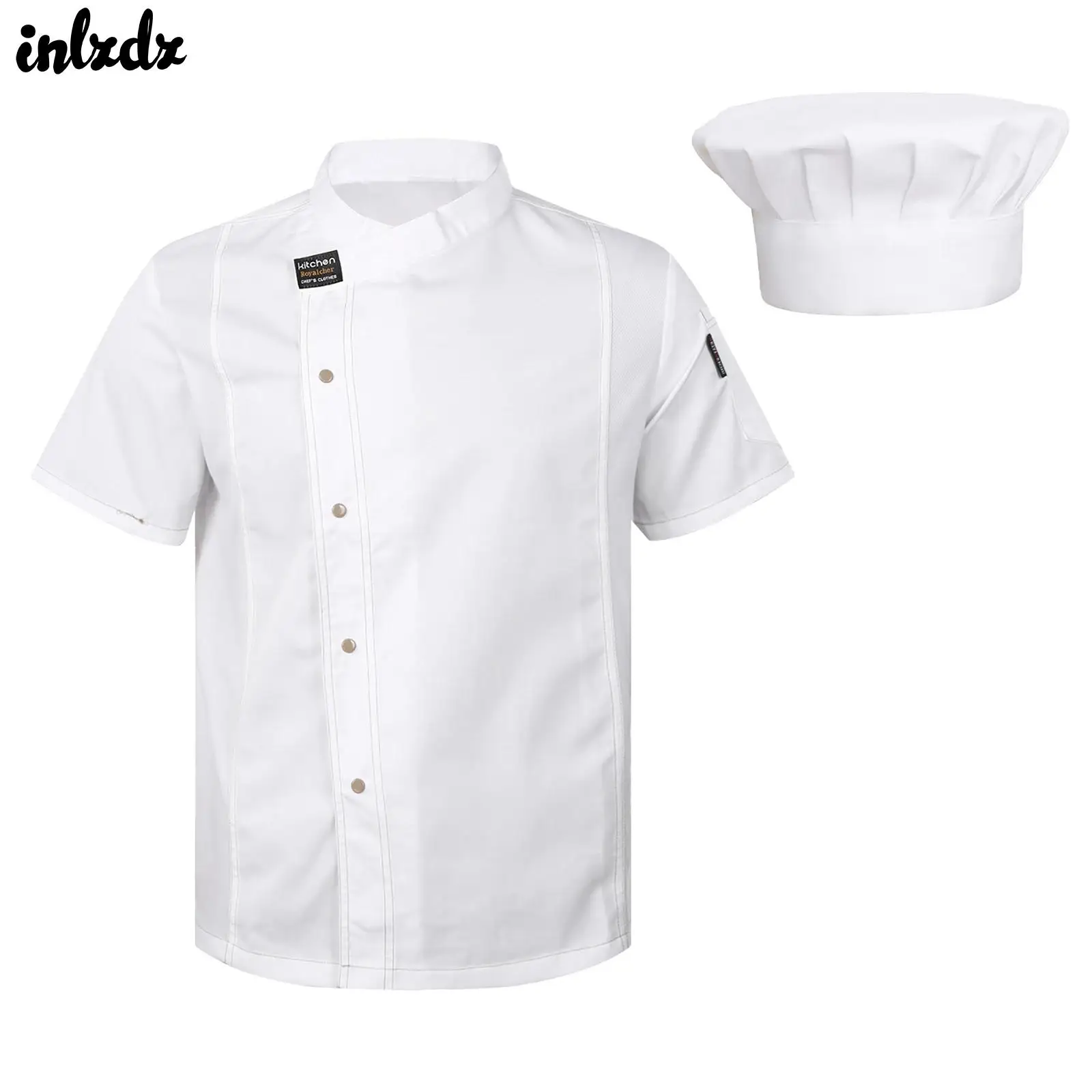 Mens Womens Kitchen Work Uniform Short Sleeve Chef Coat Tops Hotel Restaurant Canteen Bakeshop Cafe Costume Cook Jacket with Hat