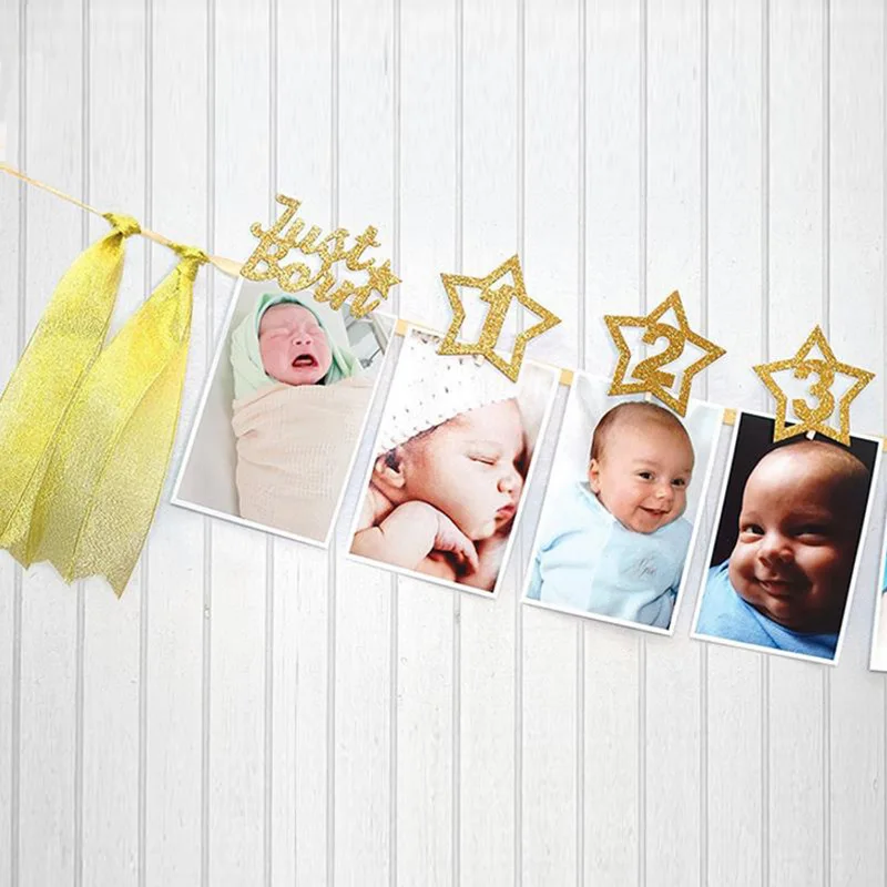 Party Decorations 12 Months Photo Frame Banner First Happy Birthday 1st Baby Boy Girl One Year Birthday Supplies