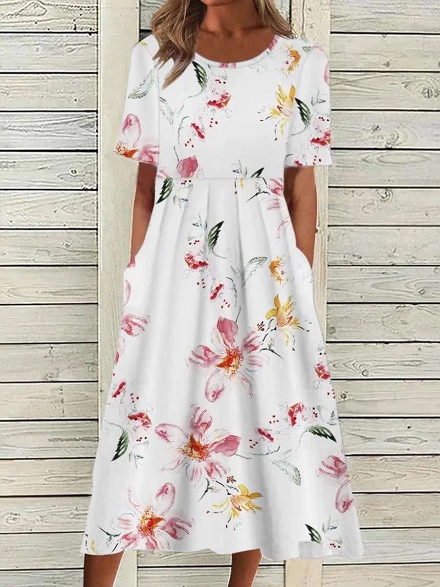 

Elegant Short Sleeve Crew Neck Casual Dress Summer New Loose Dresses Women Print Long Dresses Party Beach Female Wear Streetwear