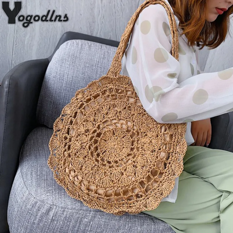 Boho Women Straw Bag Round Saddle Rattan Woven Shoulder Messenger Bag Scarves Circle Lady Handbag