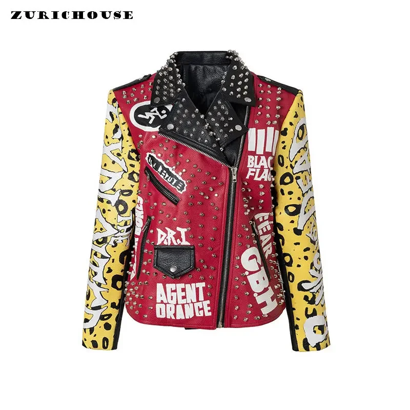 Graffiti Print Leather Jacket for Women's and Mens 2024 Punk Rivets Streetwear Contrast Stitched Faux Leather Motorcycle Jackets