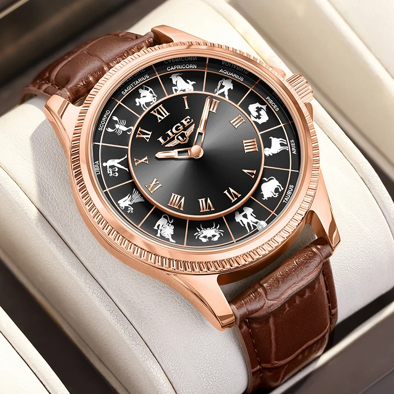 LIGE Creative Watch For Men Fashion 12 Constellation Waterproof Watches Men Casual Business Leather Luminous Quartz Wristwatch