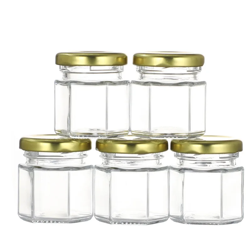 

Hexagonal Glass Honey Jars with Gold Covers, Sealed Glass Bottle, Wedding, Birthday Party, Return Gifts, 300 Units, 45ml