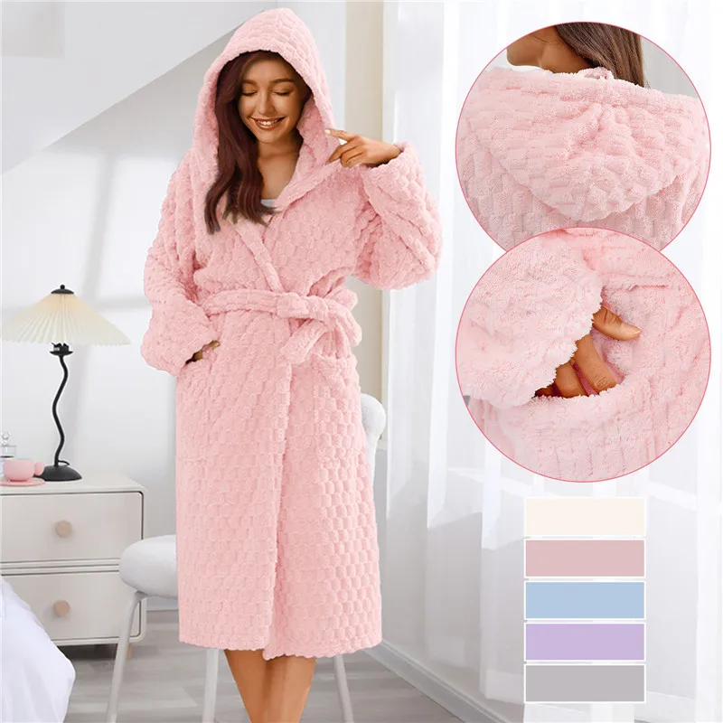 WinterWomenLongWarmBathrobeFluffyFleeceThermalBathRobe