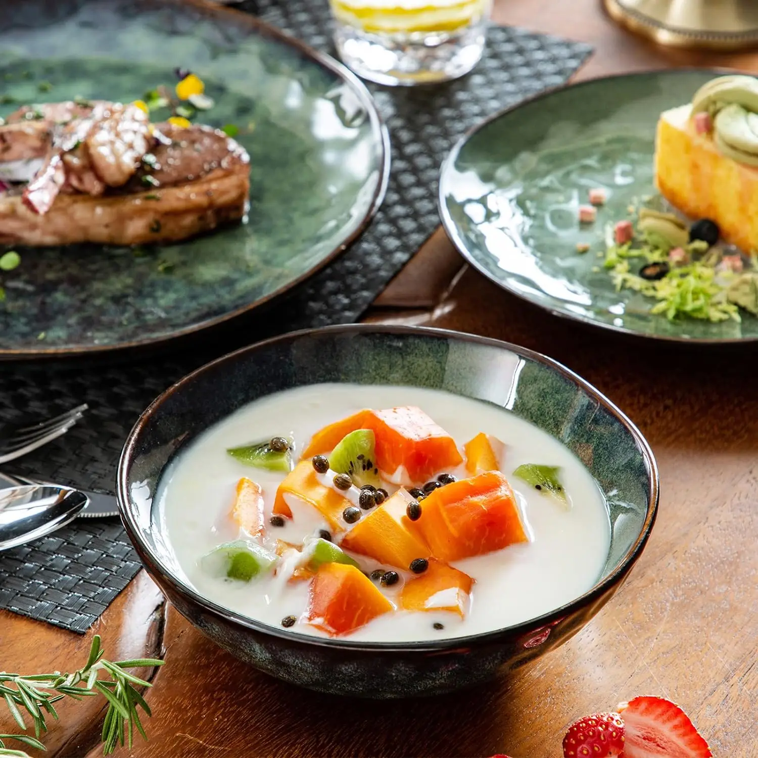 Description Picture 6 of item12 Pieces Green Dinnerware Set, Reactive Change Glaze Dinner Set, Plates and Bowls Set