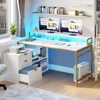 Computer Desks, with File Cabinet & Power Outlets, 55" Computer Desk with Drawers, Corner Desk Office Desk with LED Light 1