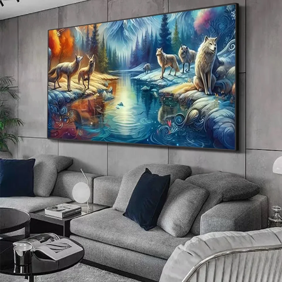 River Mountain Wolves 5d Diy Diamond Painting Kits Full Diamond Art Embroidery Mosaic Cross Stitch Abstract Animal Wolf Diy
