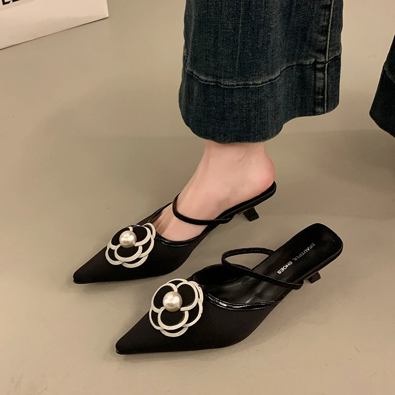 2025 Flower Pointed Toe High Heels Women Luxury Designer Sandals Female Summer Elegant Fashion Pumps Flower Mule Slippers Women 2