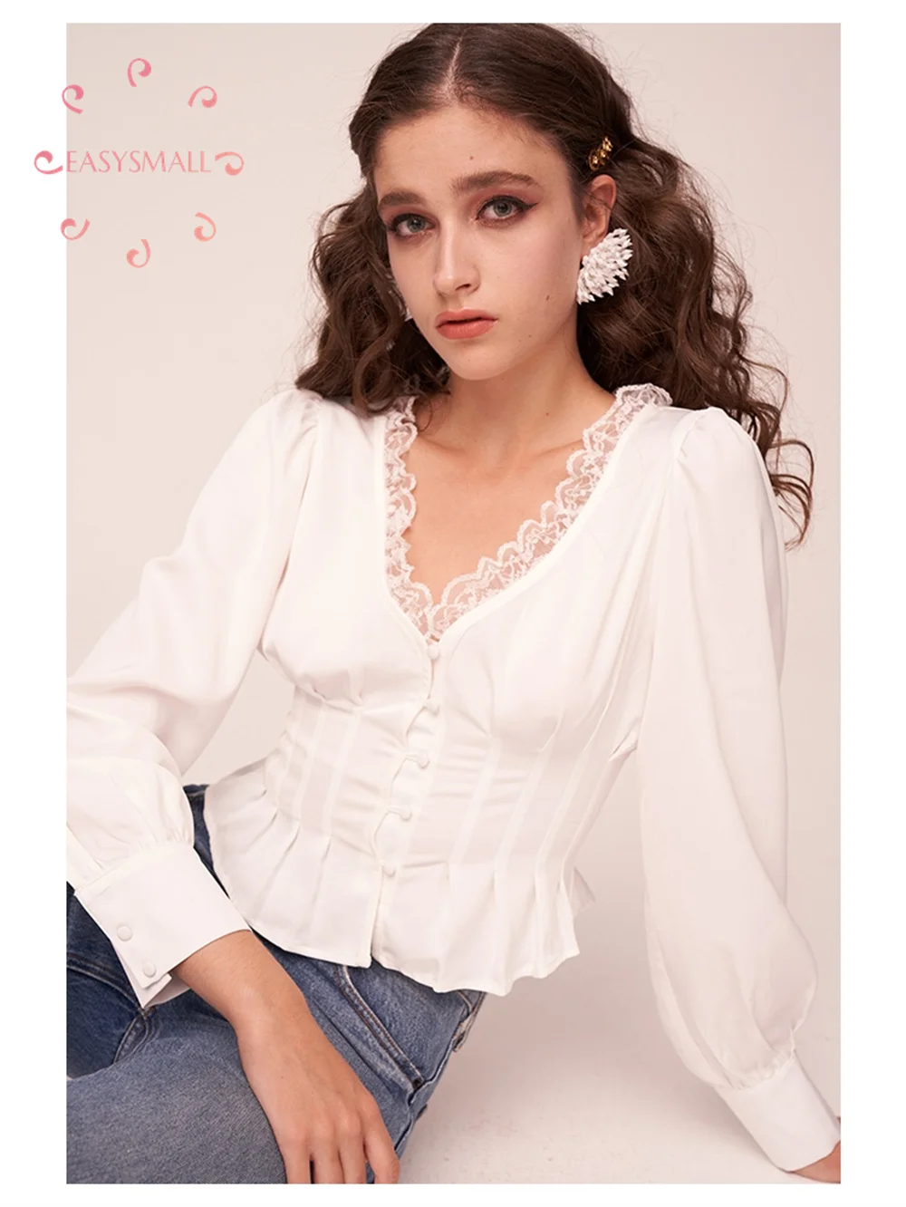 

Easysmall Forlovelemons shirt retro French high-end white lace seaside vacation bubble sleeve top Mesh Clothes Tank Casual