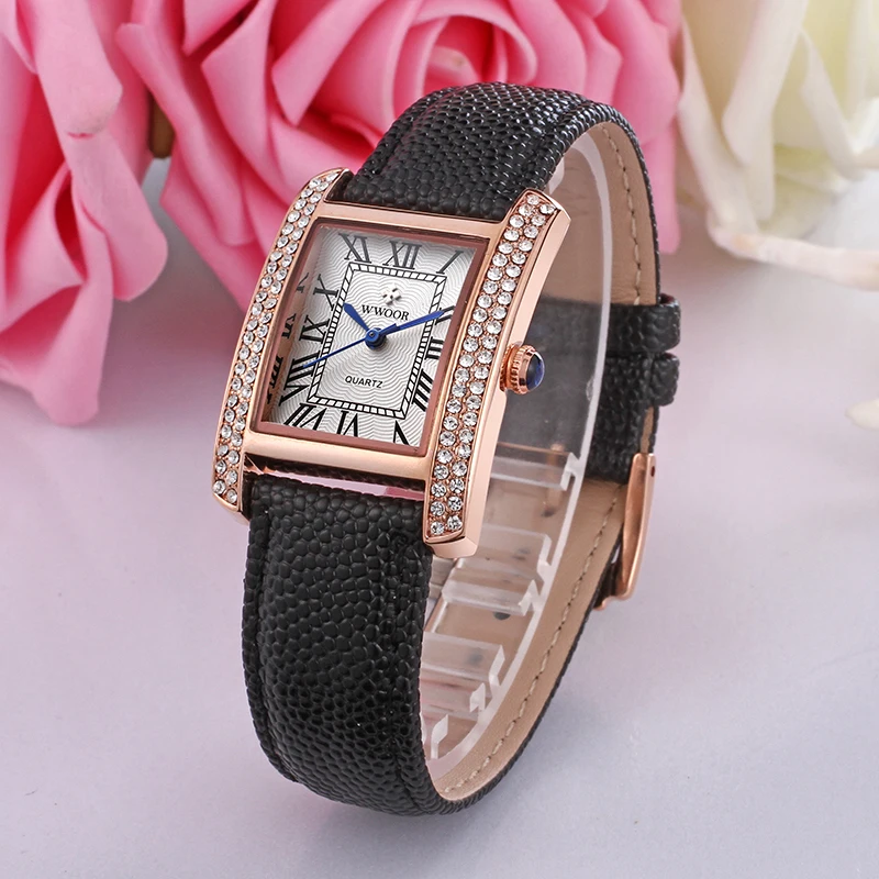 WWOOR Black Elegant Retro Women's Watch Square Luxury Women Quartz Wristwatch Ladies Waterproof Watch Simple Dress Female Clock