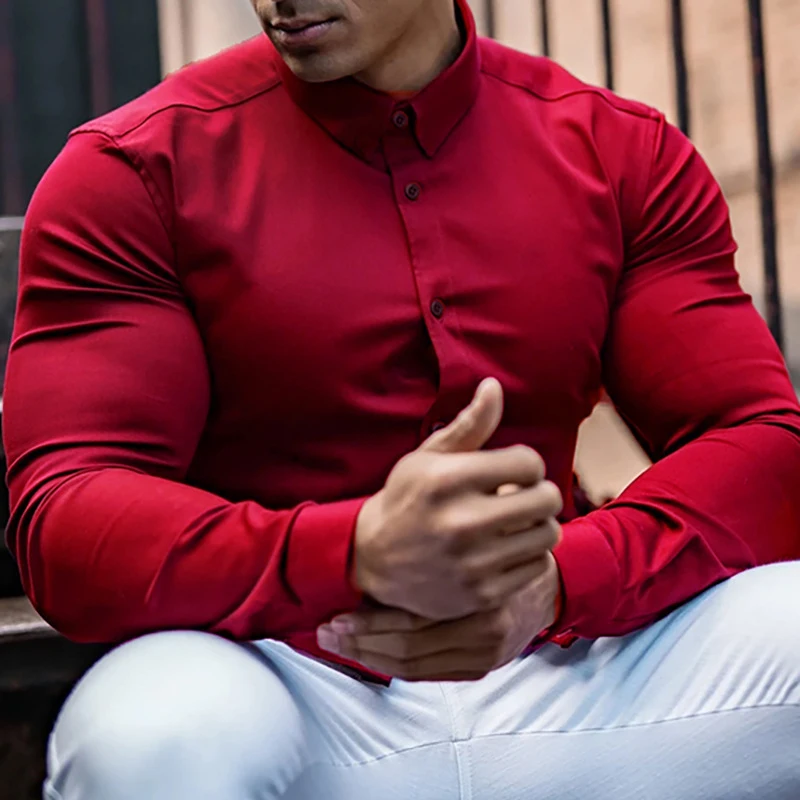 

Рубашка мужская однотонная с отложным воротником, модная повседневная приталенная блуза с длинным рукавом, винтажный топ на пуговицах, весна-осень