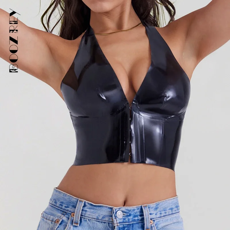 

BoozRey Black Latex Halter Top Women Sexy Party Club Outfit Sleeveless Backless Streetwear Girls Crop Top Deep V Tank Top Corset