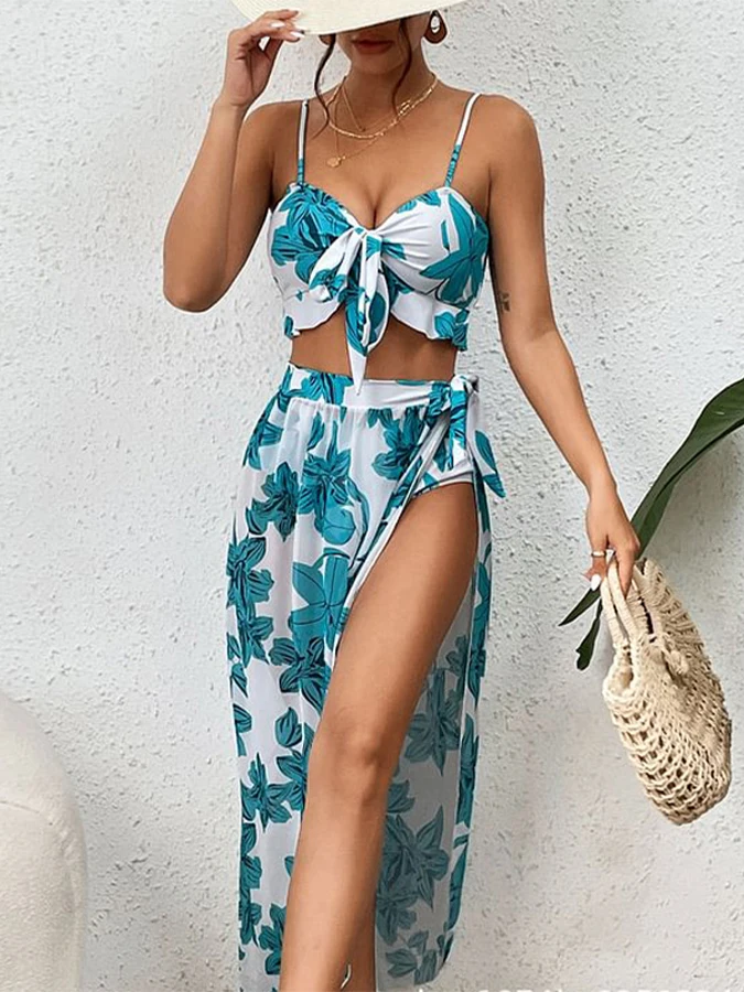 

Women Two piece Push Up Bikini Swimsuit Bandage Bowknot Floral Printed Bikini Swimwear and Cover Up Summer Beach Bathing Suit