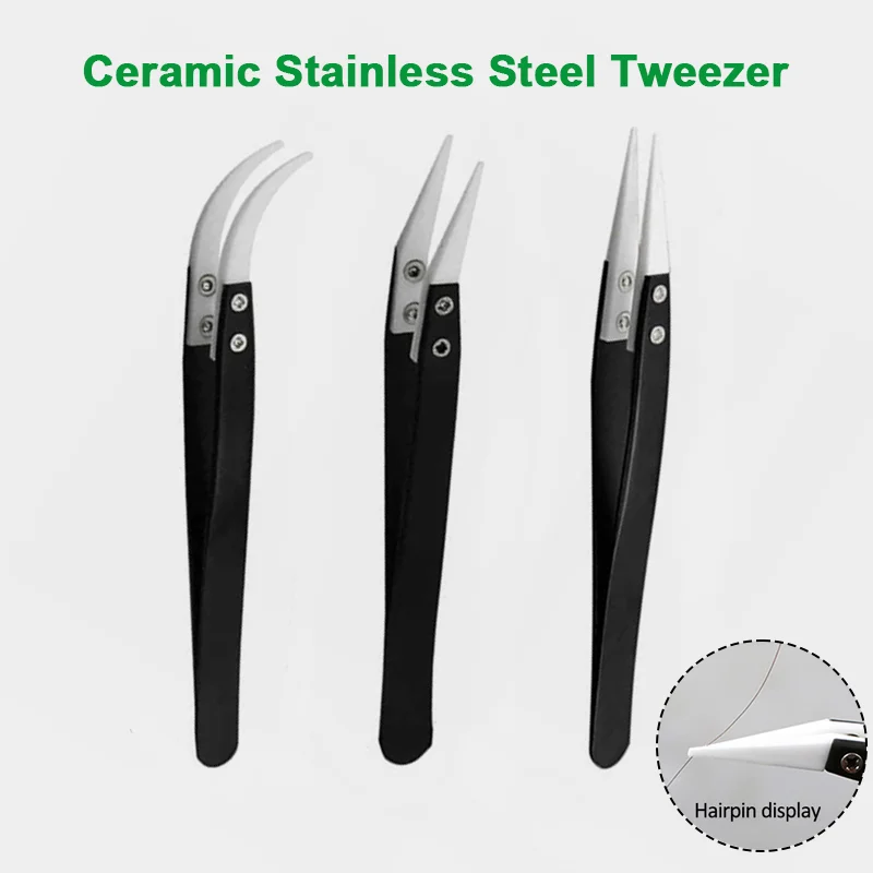 Black Handle Ceramic Stainless Steel Tweezers Straight & Curved Pointed Tip Acid and Alkali Resistant Insulation Clamping Tools tweezer tool,ceramic tweezers