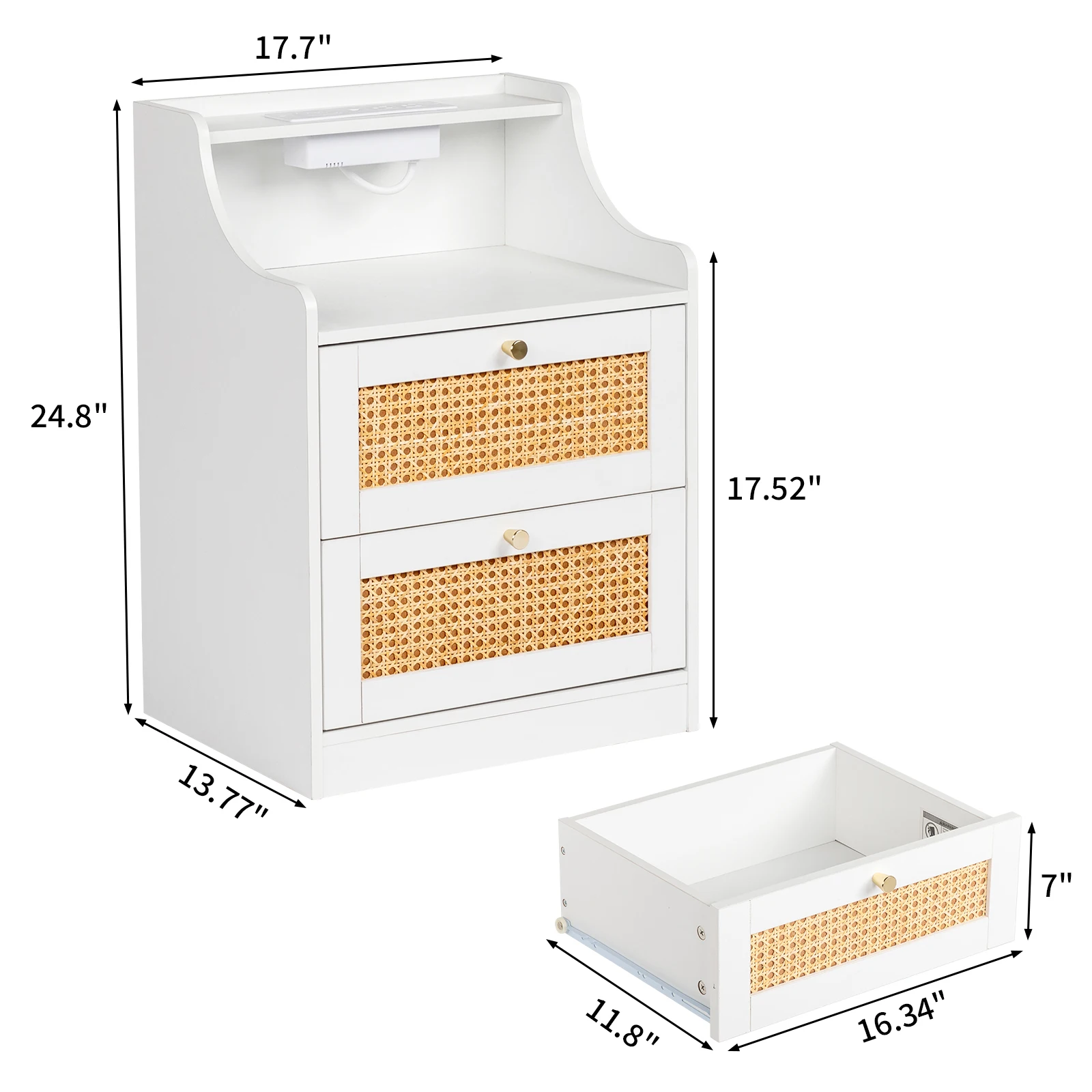 White Particleboard With Triamine Matt Gold Tapered Handle 45*35*63cm Rattan Two Drawers With Compartments Bedside Table