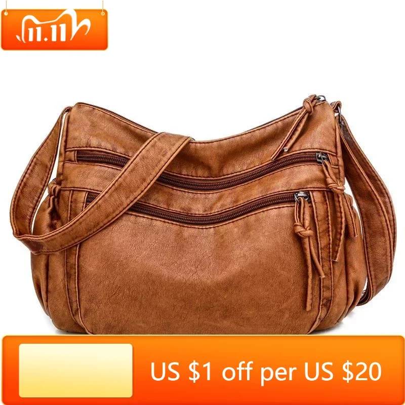 

Vintage Women Shoulder Bag Pu Leather Crossbody Bag Soft Women Purse Multi-pockets Messenger Bag Designer Flap Bag Lady Handbag